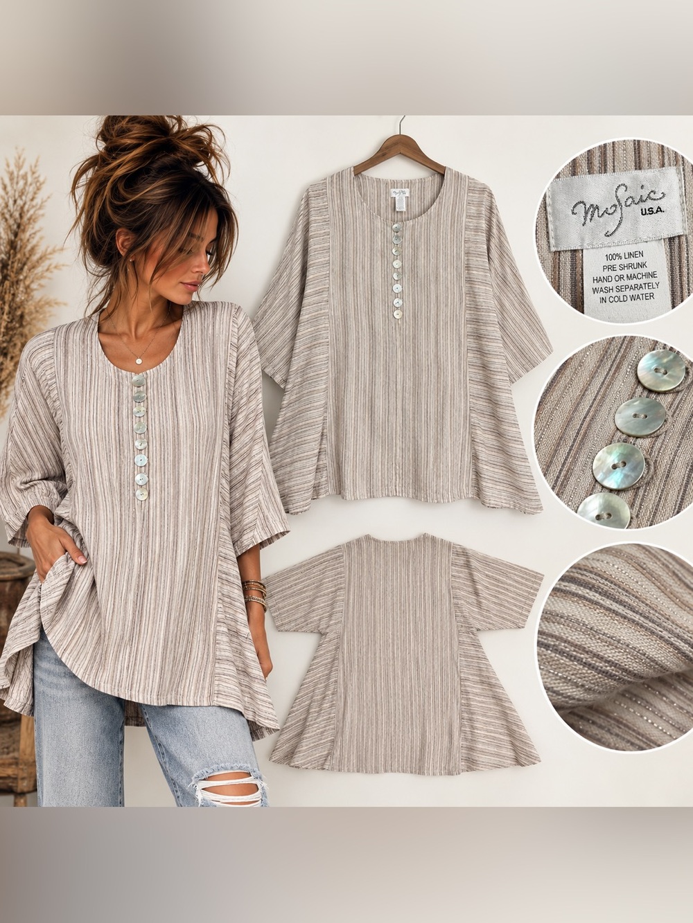 Mosaic USA 100% Linen Tunic Top M Striped Lagenlook Metallic Boho Made in USA